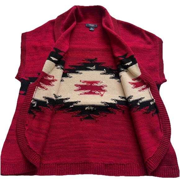 Chaps Cardigan Sweater Womens Lg Red One Button Short Sleeves Southwestern Aztec - Picture 8 of 9